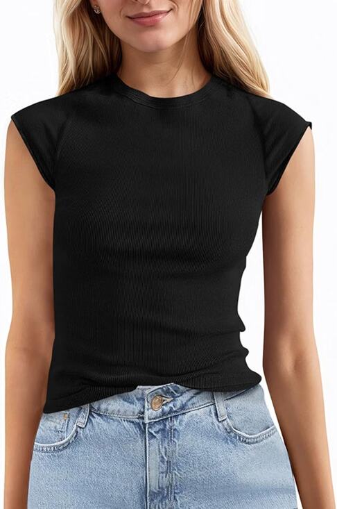 Tankaneo Tops - Tankaneo Women Cap Sleeve Crew Neck Ribbed Knit Top Black Medium New